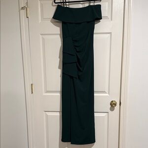 Xscape Dark Green Off-Shoulder Ruffle Maxi Skirt